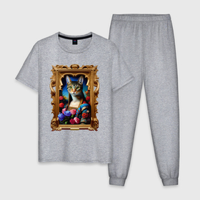 Мужская пижама хлопок с принтом Портрет кошки   нейросетевое искусство в Петрозаводске, 100% хлопок | брюки и футболка прямого кроя, без карманов, на брюках мягкая резинка на поясе и по низу штанин
 | 