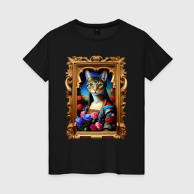 Женская футболка хлопок с принтом Портрет кошки   нейросеть   искусство , 100% хлопок | прямой крой, круглый вырез горловины, длина до линии бедер, слегка спущенное плечо | 