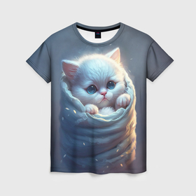 Женская футболка 3D с принтом Котик в мешке в Петрозаводске, 100% полиэфир ( синтетическое хлопкоподобное полотно) | прямой крой, круглый вырез горловины, длина до линии бедер | Тематика изображения на принте: 