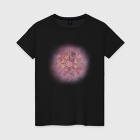 Женская футболка хлопок с принтом Фиолетовая мандала гармонии, космос в Екатеринбурге, 100% хлопок | прямой крой, круглый вырез горловины, длина до линии бедер, слегка спущенное плечо | 