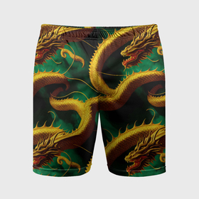 Мужские шорты спортивные с принтом Китайский золотой дракон в изумрудных водах в Курске,  |  | 