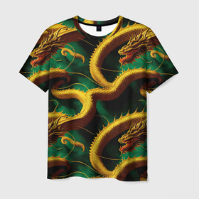 Мужская футболка 3D с принтом Китайский золотой дракон в изумрудных водах в Петрозаводске, 100% полиэфир | прямой крой, круглый вырез горловины, длина до линии бедер | Тематика изображения на принте: 