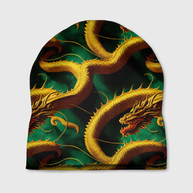 Шапка 3D с принтом Китайский золотой дракон в изумрудных водах , 100% полиэстер | универсальный размер, печать по всей поверхности изделия | Тематика изображения на принте: 