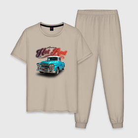 Мужская пижама хлопок с принтом Пикап Chevrolet Apache 3100 , 100% хлопок | брюки и футболка прямого кроя, без карманов, на брюках мягкая резинка на поясе и по низу штанин
 | 