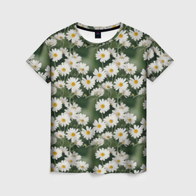 Женская футболка 3D с принтом Ромашки   цветочный принт в Тюмени, 100% полиэфир ( синтетическое хлопкоподобное полотно) | прямой крой, круглый вырез горловины, длина до линии бедер | 