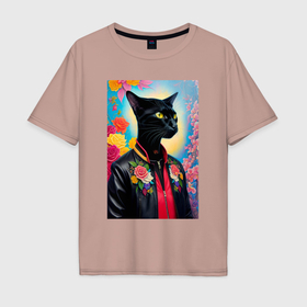 Мужская футболка хлопок Oversize с принтом Кошачья мода   нейросеть в Тюмени, 100% хлопок | свободный крой, круглый ворот, “спинка” длиннее передней части | 