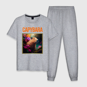 Мужская пижама хлопок с принтом Капибара   картина в рамке в Курске, 100% хлопок | брюки и футболка прямого кроя, без карманов, на брюках мягкая резинка на поясе и по низу штанин
 | 