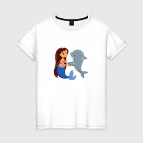 Женская футболка хлопок с принтом Дельфин и русалка в Санкт-Петербурге, 100% хлопок | прямой крой, круглый вырез горловины, длина до линии бедер, слегка спущенное плечо | 