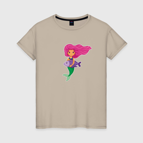 Женская футболка хлопок с принтом Русалочка с рыбкой в Тюмени, 100% хлопок | прямой крой, круглый вырез горловины, длина до линии бедер, слегка спущенное плечо | 