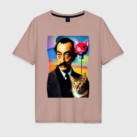 Мужская футболка хлопок Oversize с принтом Salvador Dali and cat   pop art в Петрозаводске, 100% хлопок | свободный крой, круглый ворот, “спинка” длиннее передней части | 