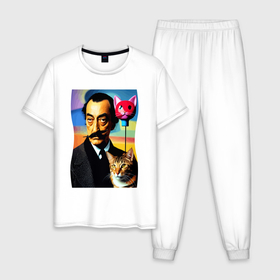 Мужская пижама хлопок с принтом Salvador Dali and cat   pop art в Белгороде, 100% хлопок | брюки и футболка прямого кроя, без карманов, на брюках мягкая резинка на поясе и по низу штанин
 | Тематика изображения на принте: 