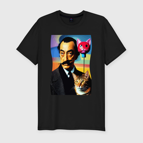 Мужская футболка хлопок Slim с принтом Salvador Dali and cat   pop art в Тюмени, 92% хлопок, 8% лайкра | приталенный силуэт, круглый вырез ворота, длина до линии бедра, короткий рукав | 
