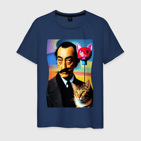 Мужская футболка хлопок с принтом Salvador Dali and cat   pop art , 100% хлопок | прямой крой, круглый вырез горловины, длина до линии бедер, слегка спущенное плечо. | Тематика изображения на принте: 