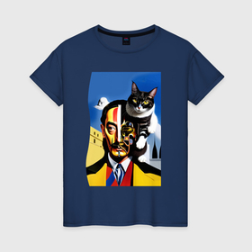 Женская футболка хлопок с принтом Salvador Dali and his cat   pop art  surrealism в Белгороде, 100% хлопок | прямой крой, круглый вырез горловины, длина до линии бедер, слегка спущенное плечо | 