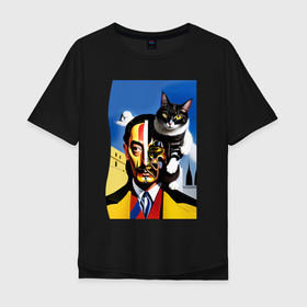 Мужская футболка хлопок Oversize с принтом Salvador Dali and his cat   pop art   surrealism в Кировске, 100% хлопок | свободный крой, круглый ворот, “спинка” длиннее передней части | Тематика изображения на принте: 