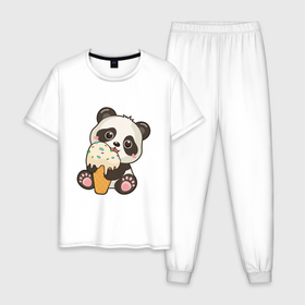 Мужская пижама хлопок с принтом Милый панда кушает мороженое , 100% хлопок | брюки и футболка прямого кроя, без карманов, на брюках мягкая резинка на поясе и по низу штанин
 | 