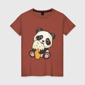 Женская футболка хлопок с принтом Милый панда кушает мороженое в Санкт-Петербурге, 100% хлопок | прямой крой, круглый вырез горловины, длина до линии бедер, слегка спущенное плечо | 
