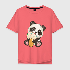 Мужская футболка хлопок Oversize с принтом Милый панда кушает мороженое в Белгороде, 100% хлопок | свободный крой, круглый ворот, “спинка” длиннее передней части | Тематика изображения на принте: 