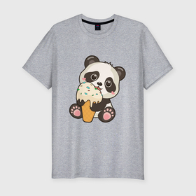 Мужская футболка хлопок Slim с принтом Милый панда кушает мороженое в Санкт-Петербурге, 92% хлопок, 8% лайкра | приталенный силуэт, круглый вырез ворота, длина до линии бедра, короткий рукав | 