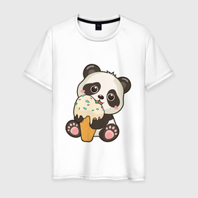 Мужская футболка хлопок с принтом Милый панда кушает мороженое в Санкт-Петербурге, 100% хлопок | прямой крой, круглый вырез горловины, длина до линии бедер, слегка спущенное плечо. | 
