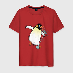 Мужская футболка хлопок с принтом Пингвин  вокалист , 100% хлопок | прямой крой, круглый вырез горловины, длина до линии бедер, слегка спущенное плечо. | 