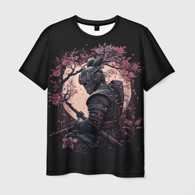 Мужская футболка 3D с принтом Одинокий самурай среди цветущей сакуры в Екатеринбурге, 100% полиэфир | прямой крой, круглый вырез горловины, длина до линии бедер | Тематика изображения на принте: 