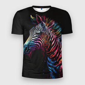 Мужская футболка 3D Slim с принтом Разноцветная зебра на темном фоне в Санкт-Петербурге, 100% полиэстер с улучшенными характеристиками | приталенный силуэт, круглая горловина, широкие плечи, сужается к линии бедра | 