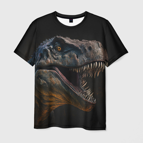 Мужская футболка 3D с принтом Голова тираннозавра на темном фоне в Курске, 100% полиэфир | прямой крой, круглый вырез горловины, длина до линии бедер | Тематика изображения на принте: 