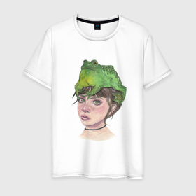 Мужская футболка хлопок с принтом Девушка с лягушкой в Петрозаводске, 100% хлопок | прямой крой, круглый вырез горловины, длина до линии бедер, слегка спущенное плечо. | 