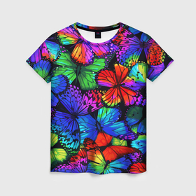 Женская футболка 3D с принтом С голубыми бабочками   яркое лето в Кировске, 100% полиэфир ( синтетическое хлопкоподобное полотно) | прямой крой, круглый вырез горловины, длина до линии бедер | 