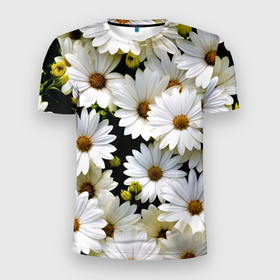 Мужская футболка 3D Slim с принтом Белые цветы ромашки   летний паттерн в Петрозаводске, 100% полиэстер с улучшенными характеристиками | приталенный силуэт, круглая горловина, широкие плечи, сужается к линии бедра | Тематика изображения на принте: 