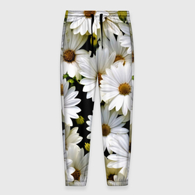 Мужские брюки 3D с принтом Белые цветы ромашки   летний паттерн в Новосибирске, 100% полиэстер | манжеты по низу, эластичный пояс регулируется шнурком, по бокам два кармана без застежек, внутренняя часть кармана из мелкой сетки | 