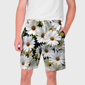 Мужские шорты 3D с принтом Белые цветы ромашки   летний паттерн в Тюмени,  полиэстер 100% | прямой крой, два кармана без застежек по бокам. Мягкая трикотажная резинка на поясе, внутри которой широкие завязки. Длина чуть выше колен | 