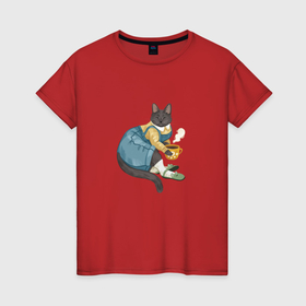 Женская футболка хлопок с принтом Чайный котик , 100% хлопок | прямой крой, круглый вырез горловины, длина до линии бедер, слегка спущенное плечо | Тематика изображения на принте: 