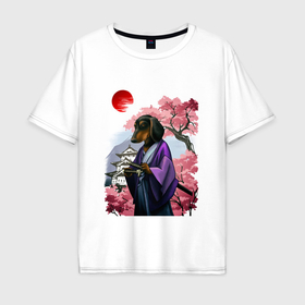 Мужская футболка хлопок Oversize с принтом Такса Самурай весенняя на фоне сакуры в Курске, 100% хлопок | свободный крой, круглый ворот, “спинка” длиннее передней части | Тематика изображения на принте: 