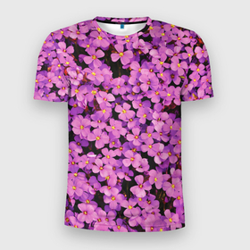 Мужская футболка 3D Slim с принтом Сиреневые цветы сирени   цветочный паттерн в Санкт-Петербурге, 100% полиэстер с улучшенными характеристиками | приталенный силуэт, круглая горловина, широкие плечи, сужается к линии бедра | 