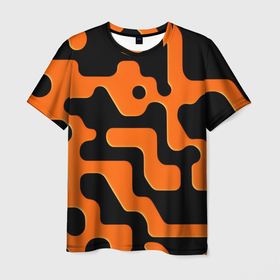 Мужская футболка 3D с принтом Черно оранжевый абстрактный лабиринт в Тюмени, 100% полиэфир | прямой крой, круглый вырез горловины, длина до линии бедер | 