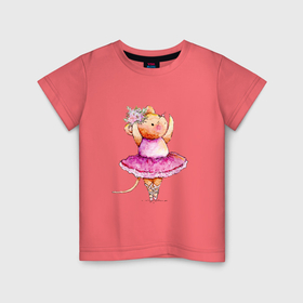 Детская футболка хлопок с принтом Милая мышь балерина акварель цветок , 100% хлопок | круглый вырез горловины, полуприлегающий силуэт, длина до линии бедер | 