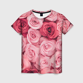 Женская футболка 3D с принтом Чайная пыльная роза   нежно розовый цветок в Санкт-Петербурге, 100% полиэфир ( синтетическое хлопкоподобное полотно) | прямой крой, круглый вырез горловины, длина до линии бедер | 