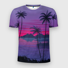 Мужская футболка 3D Slim с принтом Закат, море, пальмы в Кировске, 100% полиэстер с улучшенными характеристиками | приталенный силуэт, круглая горловина, широкие плечи, сужается к линии бедра | 