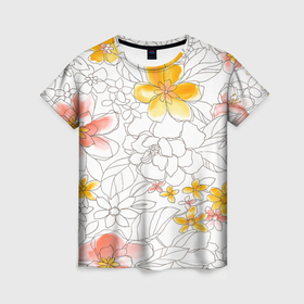 Женская футболка 3D с принтом Нарисованный цветы   светлый в Тюмени, 100% полиэфир ( синтетическое хлопкоподобное полотно) | прямой крой, круглый вырез горловины, длина до линии бедер | 
