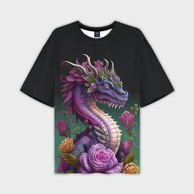 Мужская футболка oversize 3D с принтом Неоновый дракон с цветами в Белгороде,  |  | Тематика изображения на принте: 