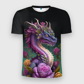 Мужская футболка 3D Slim с принтом Неоновый дракон с цветами в Белгороде, 100% полиэстер с улучшенными характеристиками | приталенный силуэт, круглая горловина, широкие плечи, сужается к линии бедра | Тематика изображения на принте: 