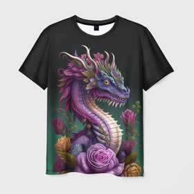 Мужская футболка 3D с принтом Неоновый дракон с цветами , 100% полиэфир | прямой крой, круглый вырез горловины, длина до линии бедер | 