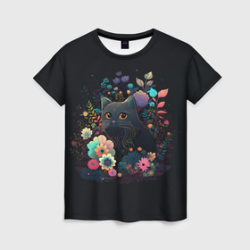 Женская футболка 3D с принтом Милый черный котик и цветы , 100% полиэфир ( синтетическое хлопкоподобное полотно) | прямой крой, круглый вырез горловины, длина до линии бедер | 