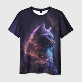 Мужская футболка 3D с принтом Кошка в космосе туманность , 100% полиэфир | прямой крой, круглый вырез горловины, длина до линии бедер | 