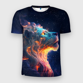 Мужская футболка 3D Slim с принтом Космический звёздный лев в Белгороде, 100% полиэстер с улучшенными характеристиками | приталенный силуэт, круглая горловина, широкие плечи, сужается к линии бедра | 