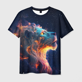 Мужская футболка 3D с принтом Космический звёздный лев в Петрозаводске, 100% полиэфир | прямой крой, круглый вырез горловины, длина до линии бедер | 