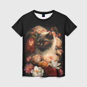 Женская футболка 3D с принтом Милый котик окружённый цветами , 100% полиэфир ( синтетическое хлопкоподобное полотно) | прямой крой, круглый вырез горловины, длина до линии бедер | 