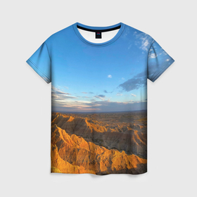Женская футболка 3D с принтом Скалы и пустыня днём в Тюмени, 100% полиэфир ( синтетическое хлопкоподобное полотно) | прямой крой, круглый вырез горловины, длина до линии бедер | 